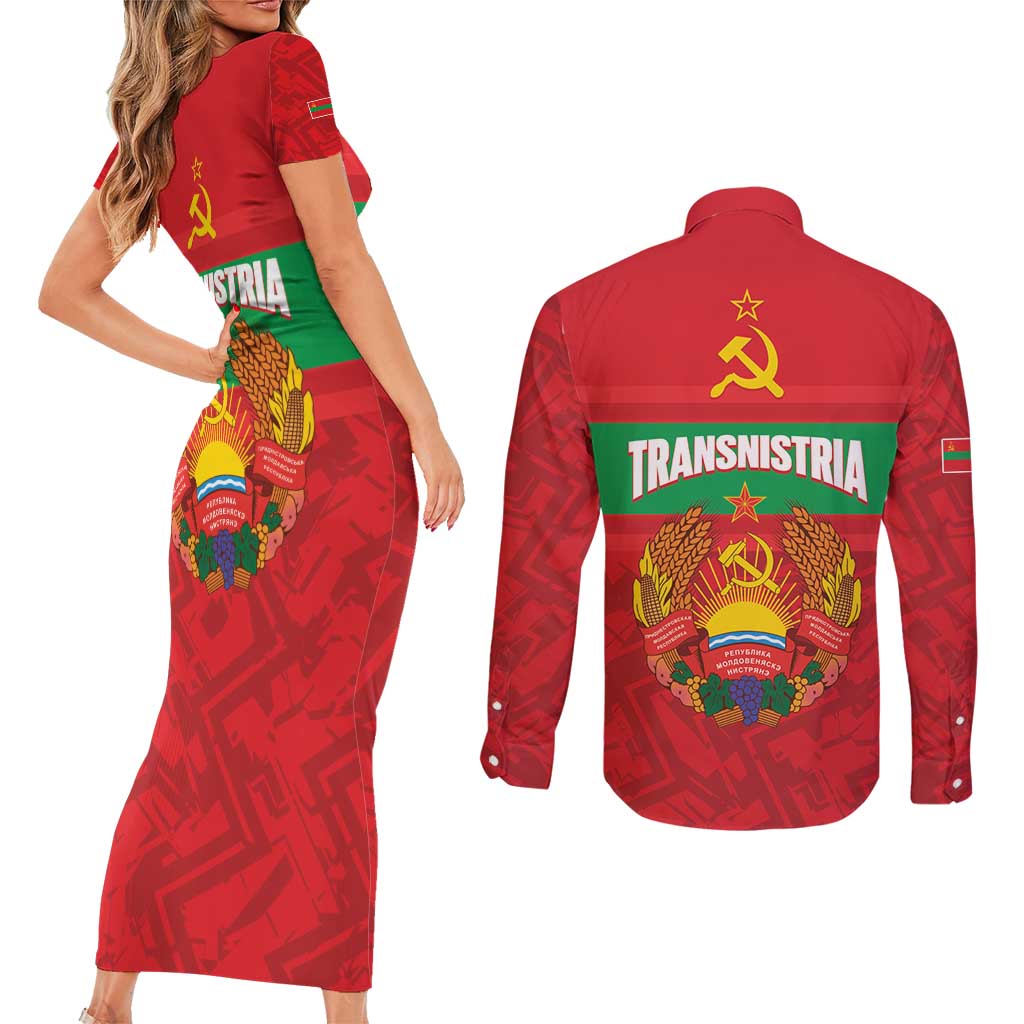 Transnistria Independence Day Couples Matching Short Sleeve Bodycon Dress and Long Sleeve Button Shirt Coat Of Arms Flag Style - Wonder Print Shop
