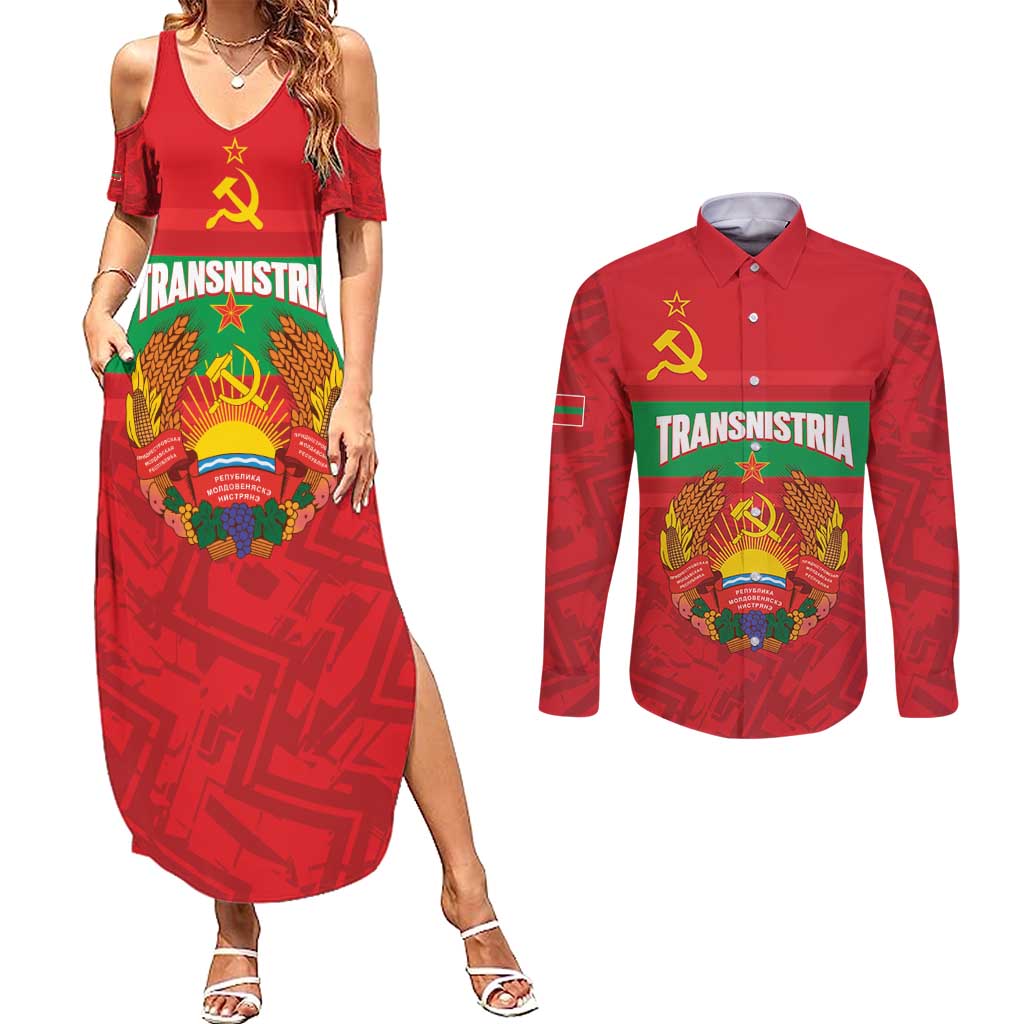 Transnistria Independence Day Couples Matching Summer Maxi Dress and Long Sleeve Button Shirt Coat Of Arms Flag Style - Wonder Print Shop