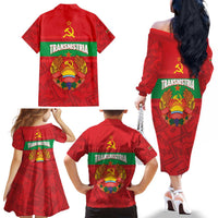 Transnistria Independence Day Family Matching Off The Shoulder Long Sleeve Dress and Hawaiian Shirt Coat Of Arms Flag Style - Wonder Print Shop