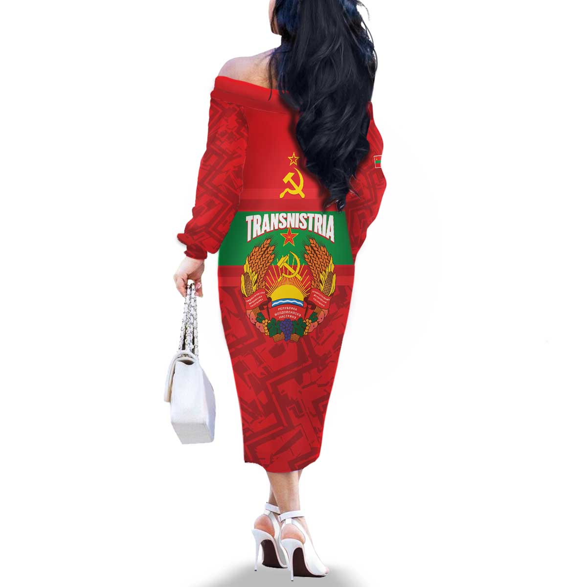Transnistria Independence Day Family Matching Off The Shoulder Long Sleeve Dress and Hawaiian Shirt Coat Of Arms Flag Style - Wonder Print Shop