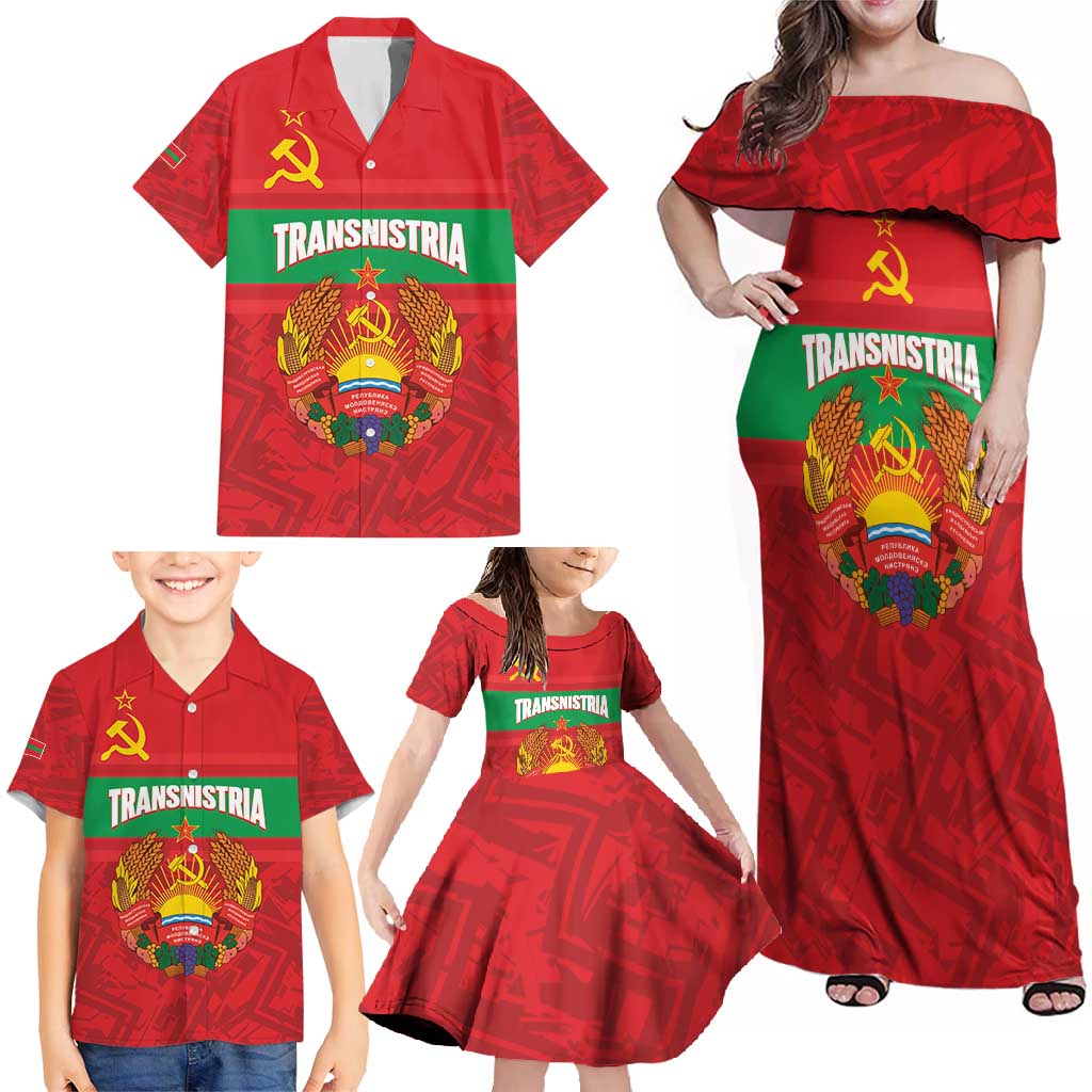Transnistria Independence Day Family Matching Off Shoulder Maxi Dress and Hawaiian Shirt Coat Of Arms Flag Style - Wonder Print Shop