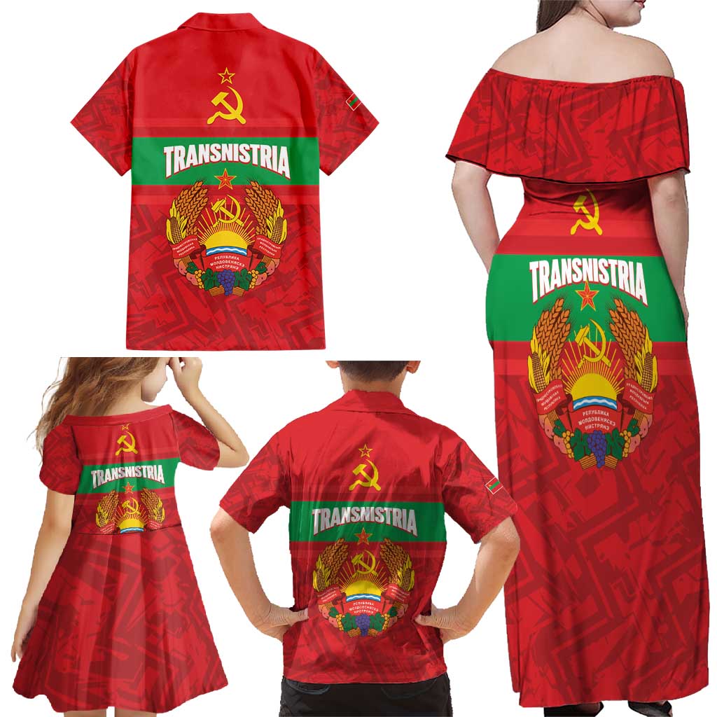 Transnistria Independence Day Family Matching Off Shoulder Maxi Dress and Hawaiian Shirt Coat Of Arms Flag Style - Wonder Print Shop