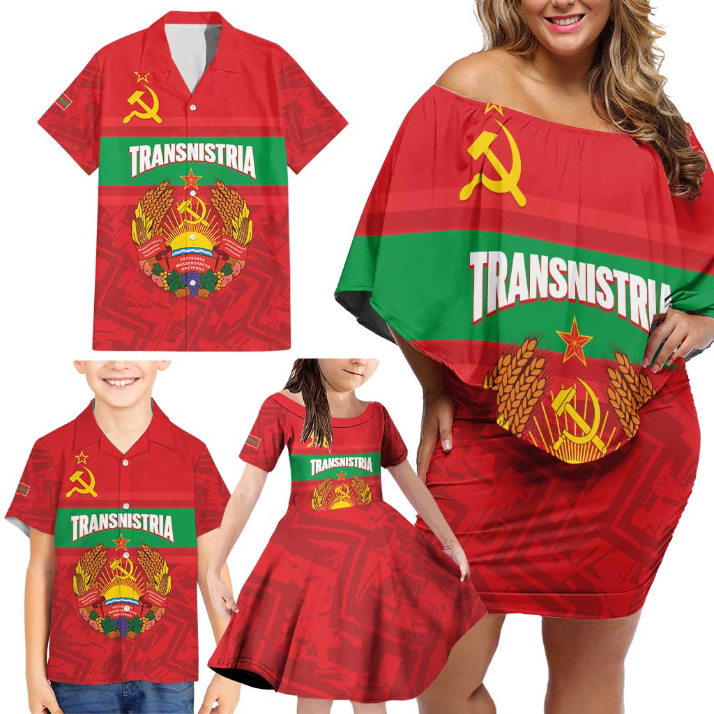 Transnistria Independence Day Family Matching Off Shoulder Short Dress and Hawaiian Shirt Coat Of Arms Flag Style - Wonder Print Shop
