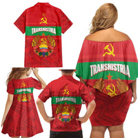 Transnistria Independence Day Family Matching Off Shoulder Short Dress and Hawaiian Shirt Coat Of Arms Flag Style - Wonder Print Shop