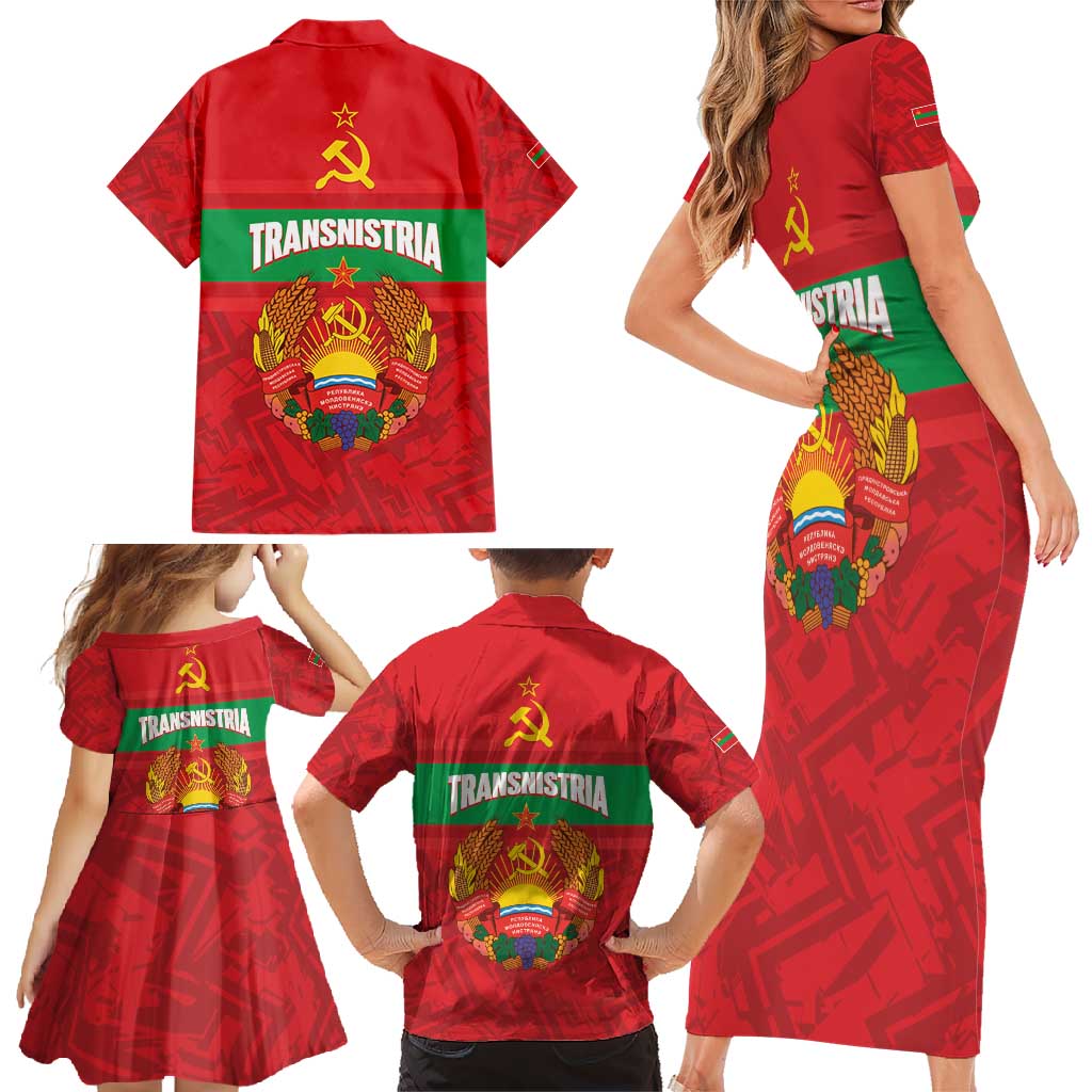 Transnistria Independence Day Family Matching Short Sleeve Bodycon Dress and Hawaiian Shirt Coat Of Arms Flag Style - Wonder Print Shop