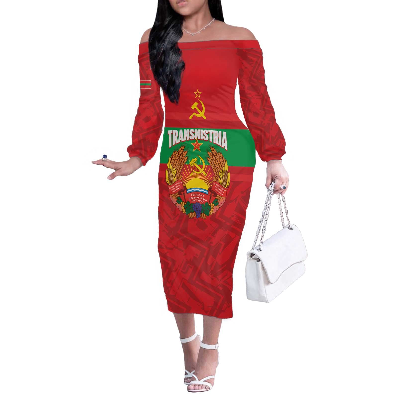 Transnistria Independence Day Off The Shoulder Long Sleeve Dress Coat Of Arms Flag Style - Wonder Print Shop