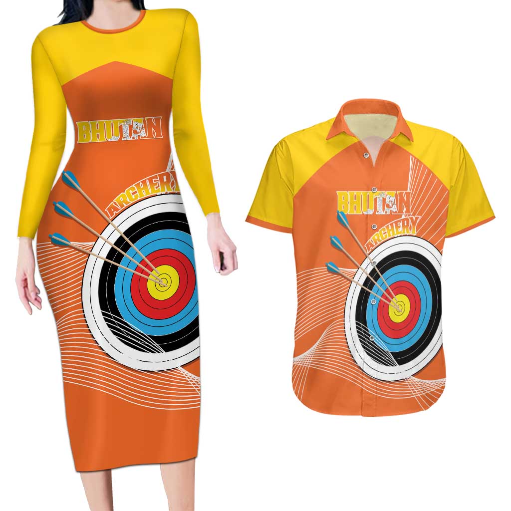 Personalised Bhutan Archery Couples Matching Long Sleeve Bodycon Dress and Hawaiian Shirt Board Style Flag Color - Wonder Print Shop
