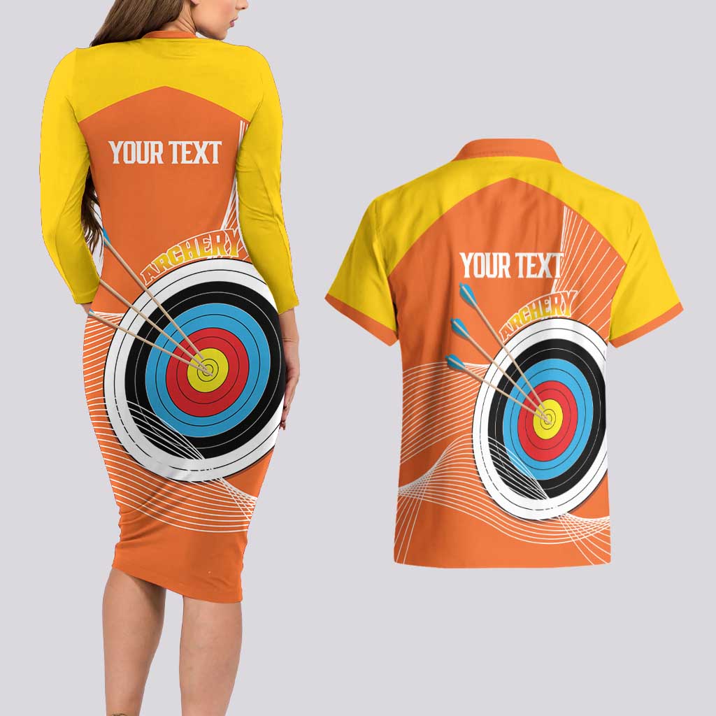 Personalised Bhutan Archery Couples Matching Long Sleeve Bodycon Dress and Hawaiian Shirt Board Style Flag Color - Wonder Print Shop