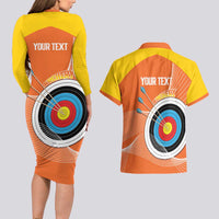 Personalised Bhutan Archery Couples Matching Long Sleeve Bodycon Dress and Hawaiian Shirt Board Style Flag Color - Wonder Print Shop