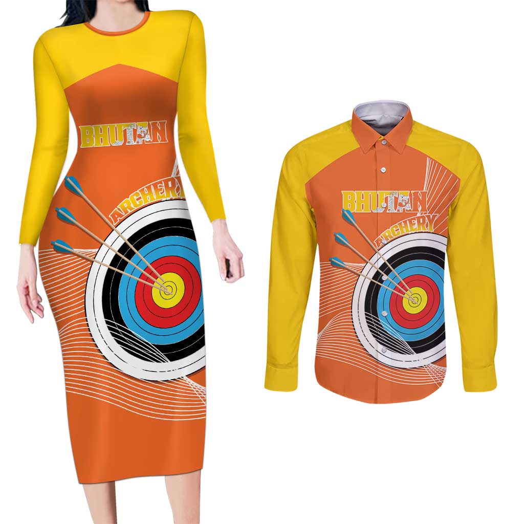 Personalised Bhutan Archery Couples Matching Long Sleeve Bodycon Dress and Long Sleeve Button Shirt Board Style Flag Color - Wonder Print Shop