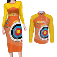 Personalised Bhutan Archery Couples Matching Long Sleeve Bodycon Dress and Long Sleeve Button Shirt Board Style Flag Color - Wonder Print Shop