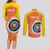 Personalised Bhutan Archery Couples Matching Long Sleeve Bodycon Dress and Long Sleeve Button Shirt Board Style Flag Color - Wonder Print Shop