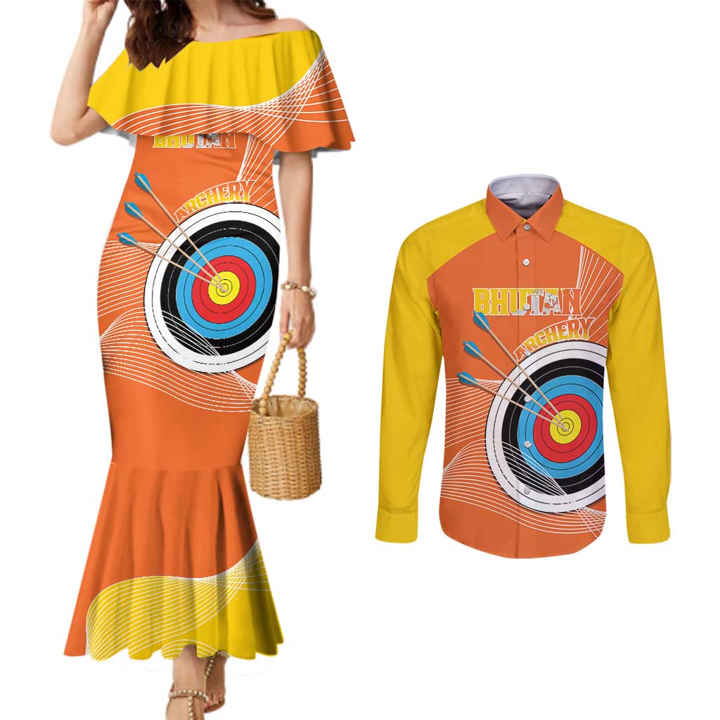 Personalised Bhutan Archery Couples Matching Mermaid Dress and Long Sleeve Button Shirt Board Style Flag Color - Wonder Print Shop