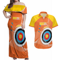 Personalised Bhutan Archery Couples Matching Off Shoulder Maxi Dress and Hawaiian Shirt Board Style Flag Color - Wonder Print Shop