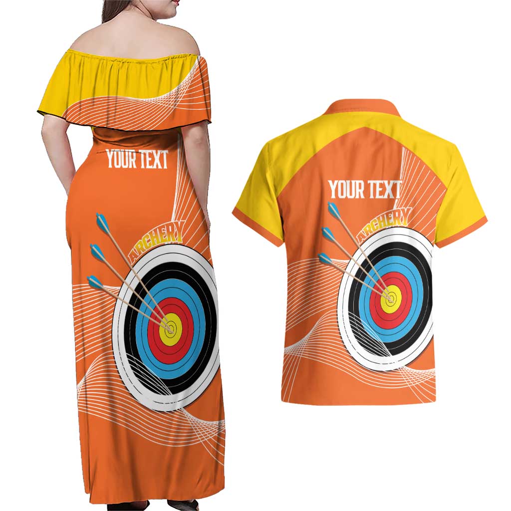 Personalised Bhutan Archery Couples Matching Off Shoulder Maxi Dress and Hawaiian Shirt Board Style Flag Color - Wonder Print Shop