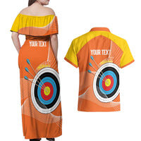 Personalised Bhutan Archery Couples Matching Off Shoulder Maxi Dress and Hawaiian Shirt Board Style Flag Color - Wonder Print Shop