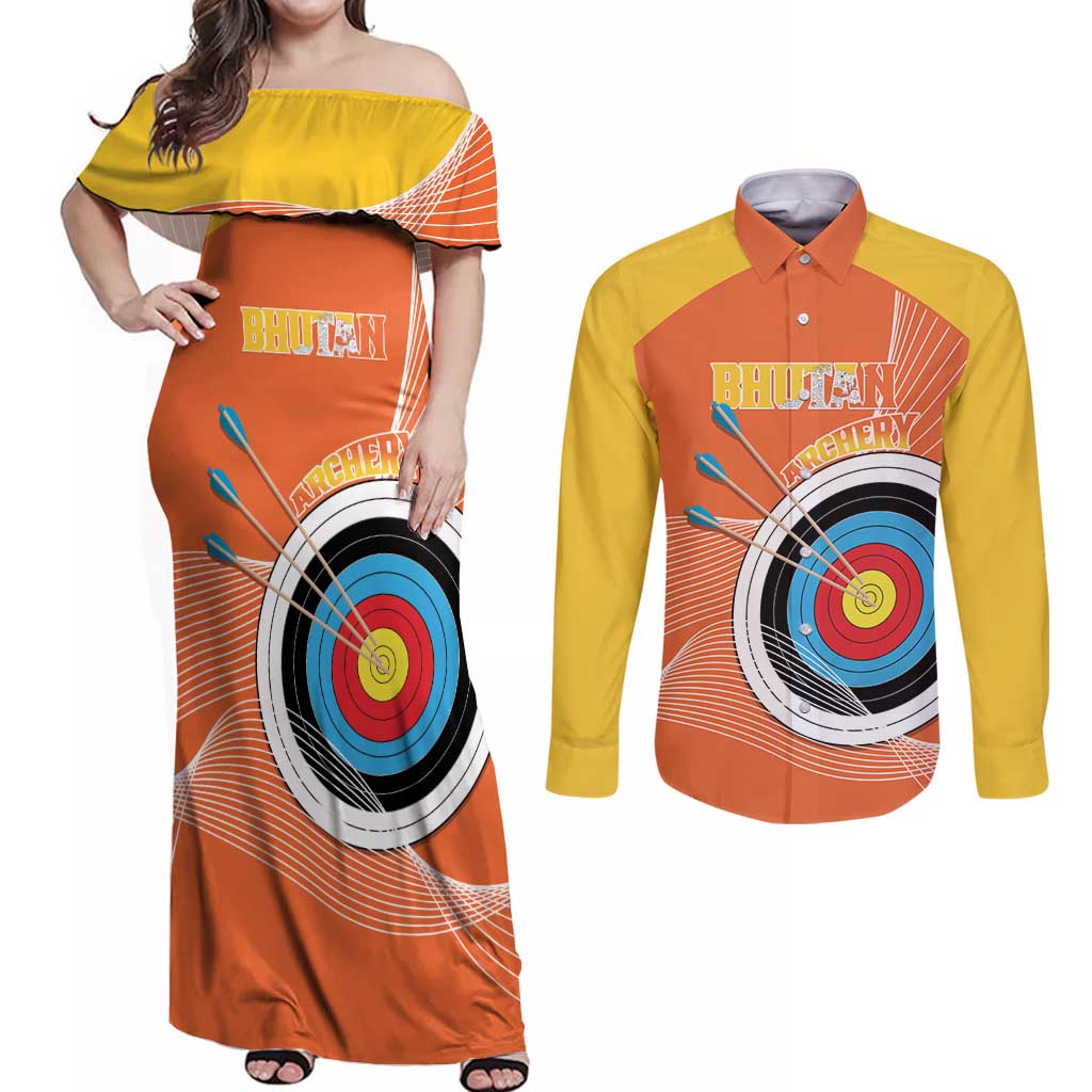 Personalised Bhutan Archery Couples Matching Off Shoulder Maxi Dress and Long Sleeve Button Shirt Board Style Flag Color - Wonder Print Shop