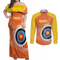 Personalised Bhutan Archery Couples Matching Off Shoulder Maxi Dress and Long Sleeve Button Shirt Board Style Flag Color - Wonder Print Shop