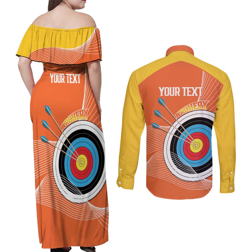 Personalised Bhutan Archery Couples Matching Off Shoulder Maxi Dress and Long Sleeve Button Shirt Board Style Flag Color - Wonder Print Shop