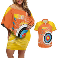 Personalised Bhutan Archery Couples Matching Off Shoulder Short Dress and Hawaiian Shirt Board Style Flag Color - Wonder Print Shop