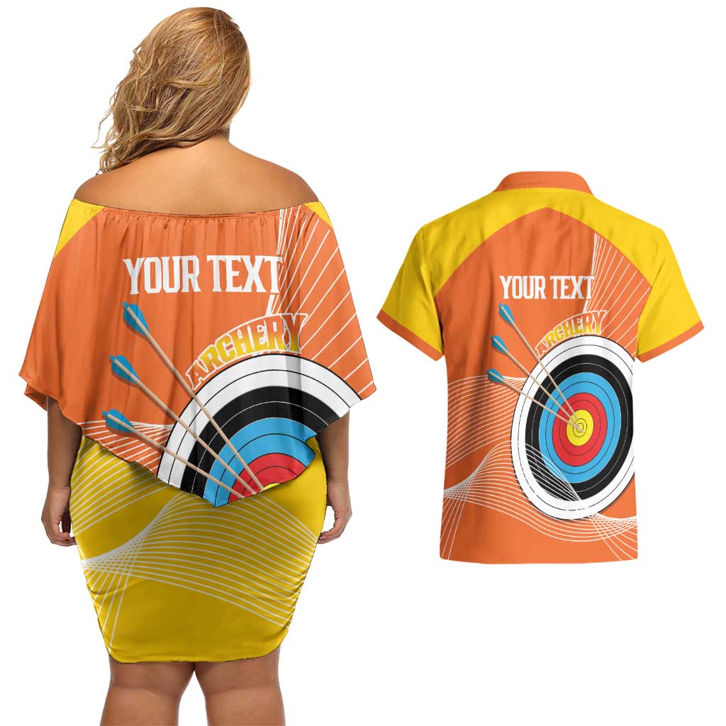 Personalised Bhutan Archery Couples Matching Off Shoulder Short Dress and Hawaiian Shirt Board Style Flag Color - Wonder Print Shop