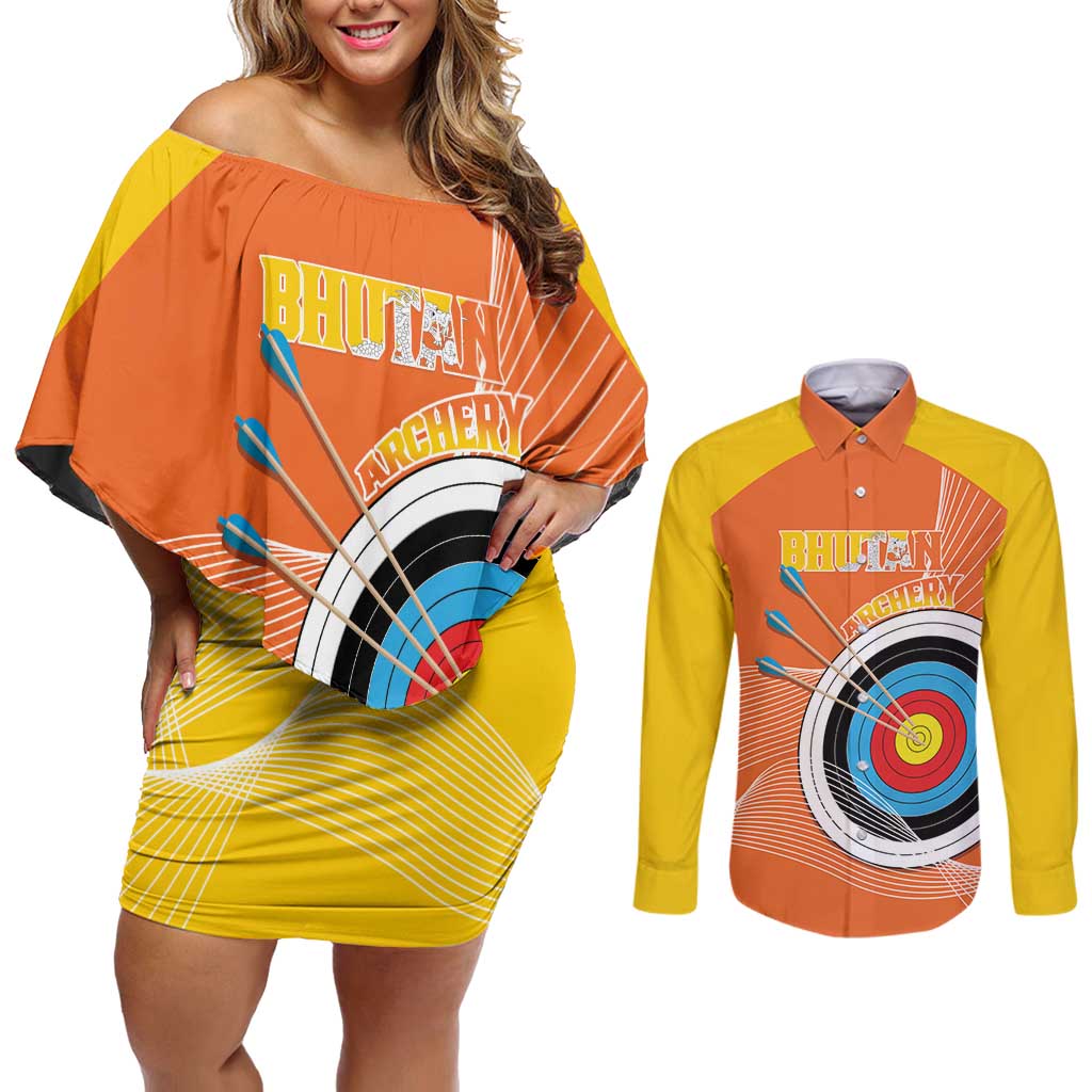 Personalised Bhutan Archery Couples Matching Off Shoulder Short Dress and Long Sleeve Button Shirt Board Style Flag Color - Wonder Print Shop