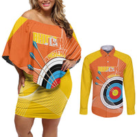 Personalised Bhutan Archery Couples Matching Off Shoulder Short Dress and Long Sleeve Button Shirt Board Style Flag Color - Wonder Print Shop