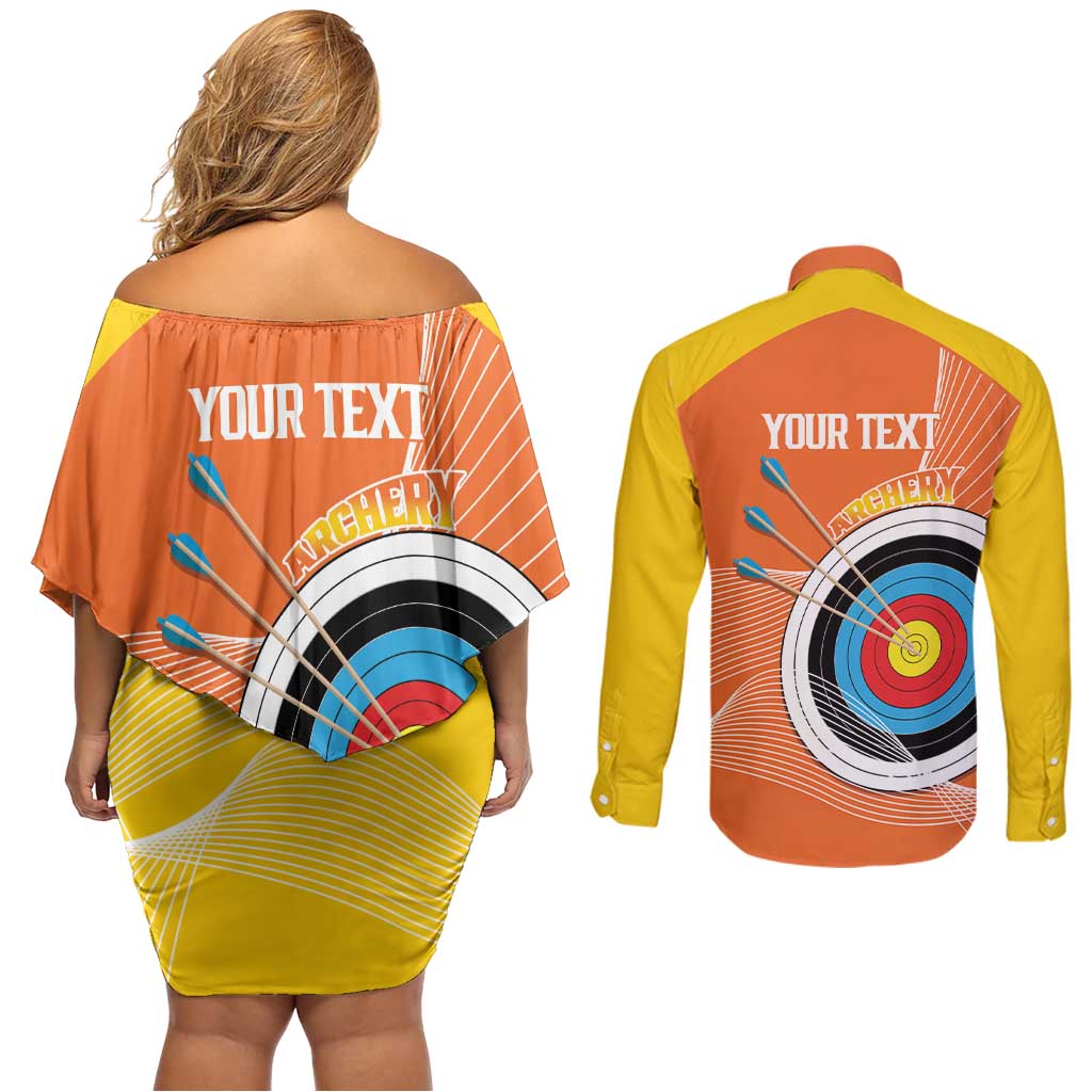 Personalised Bhutan Archery Couples Matching Off Shoulder Short Dress and Long Sleeve Button Shirt Board Style Flag Color - Wonder Print Shop