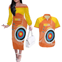 Personalised Bhutan Archery Couples Matching Off The Shoulder Long Sleeve Dress and Hawaiian Shirt Board Style Flag Color - Wonder Print Shop