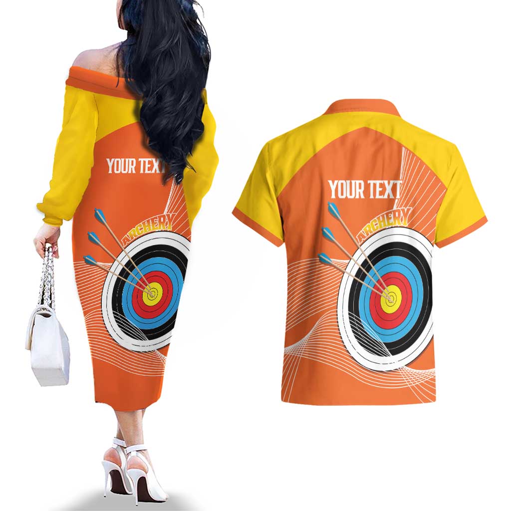 Personalised Bhutan Archery Couples Matching Off The Shoulder Long Sleeve Dress and Hawaiian Shirt Board Style Flag Color - Wonder Print Shop