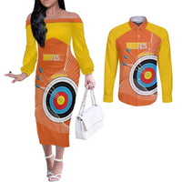 Personalised Bhutan Archery Couples Matching Off The Shoulder Long Sleeve Dress and Long Sleeve Button Shirt Board Style Flag Color - Wonder Print Shop