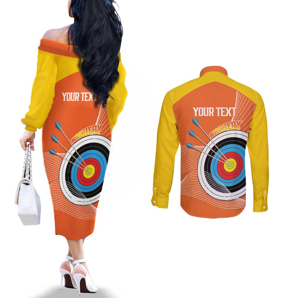 Personalised Bhutan Archery Couples Matching Off The Shoulder Long Sleeve Dress and Long Sleeve Button Shirt Board Style Flag Color - Wonder Print Shop