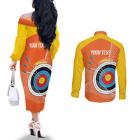 Personalised Bhutan Archery Couples Matching Off The Shoulder Long Sleeve Dress and Long Sleeve Button Shirt Board Style Flag Color - Wonder Print Shop