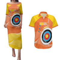 Personalised Bhutan Archery Couples Matching Puletasi and Hawaiian Shirt Board Style Flag Color - Wonder Print Shop