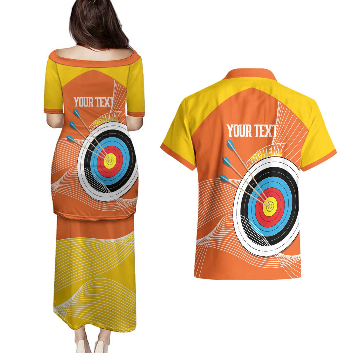 Personalised Bhutan Archery Couples Matching Puletasi and Hawaiian Shirt Board Style Flag Color - Wonder Print Shop