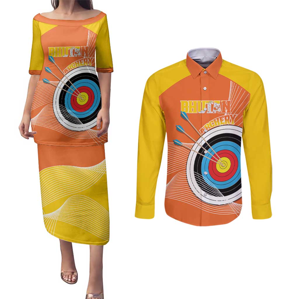 Personalised Bhutan Archery Couples Matching Puletasi and Long Sleeve Button Shirt Board Style Flag Color - Wonder Print Shop