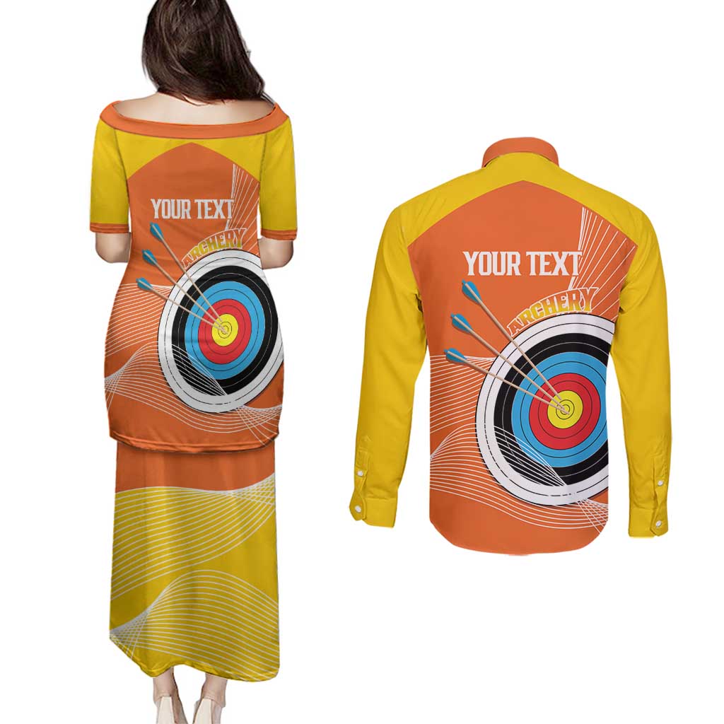 Personalised Bhutan Archery Couples Matching Puletasi and Long Sleeve Button Shirt Board Style Flag Color - Wonder Print Shop