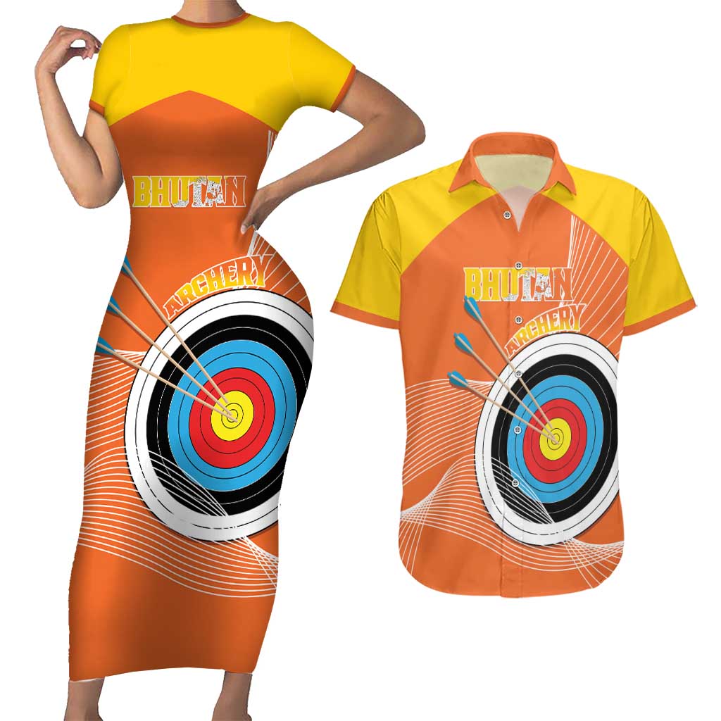 Personalised Bhutan Archery Couples Matching Short Sleeve Bodycon Dress and Hawaiian Shirt Board Style Flag Color - Wonder Print Shop