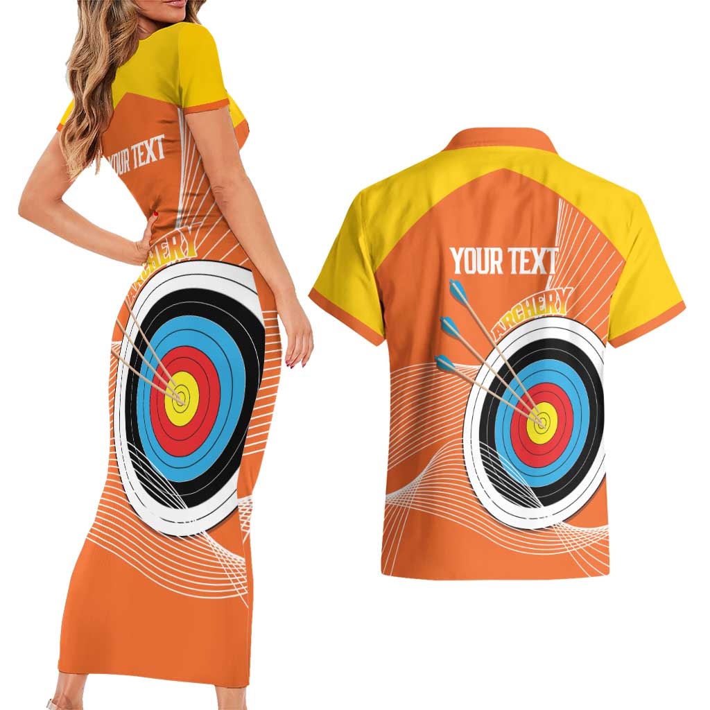 Personalised Bhutan Archery Couples Matching Short Sleeve Bodycon Dress and Hawaiian Shirt Board Style Flag Color - Wonder Print Shop