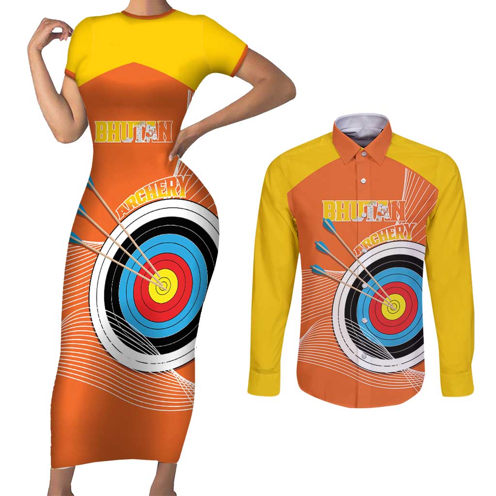 Personalised Bhutan Archery Couples Matching Short Sleeve Bodycon Dress and Long Sleeve Button Shirt Board Style Flag Color - Wonder Print Shop