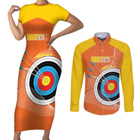 Personalised Bhutan Archery Couples Matching Short Sleeve Bodycon Dress and Long Sleeve Button Shirt Board Style Flag Color - Wonder Print Shop