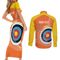 Personalised Bhutan Archery Couples Matching Short Sleeve Bodycon Dress and Long Sleeve Button Shirt Board Style Flag Color - Wonder Print Shop
