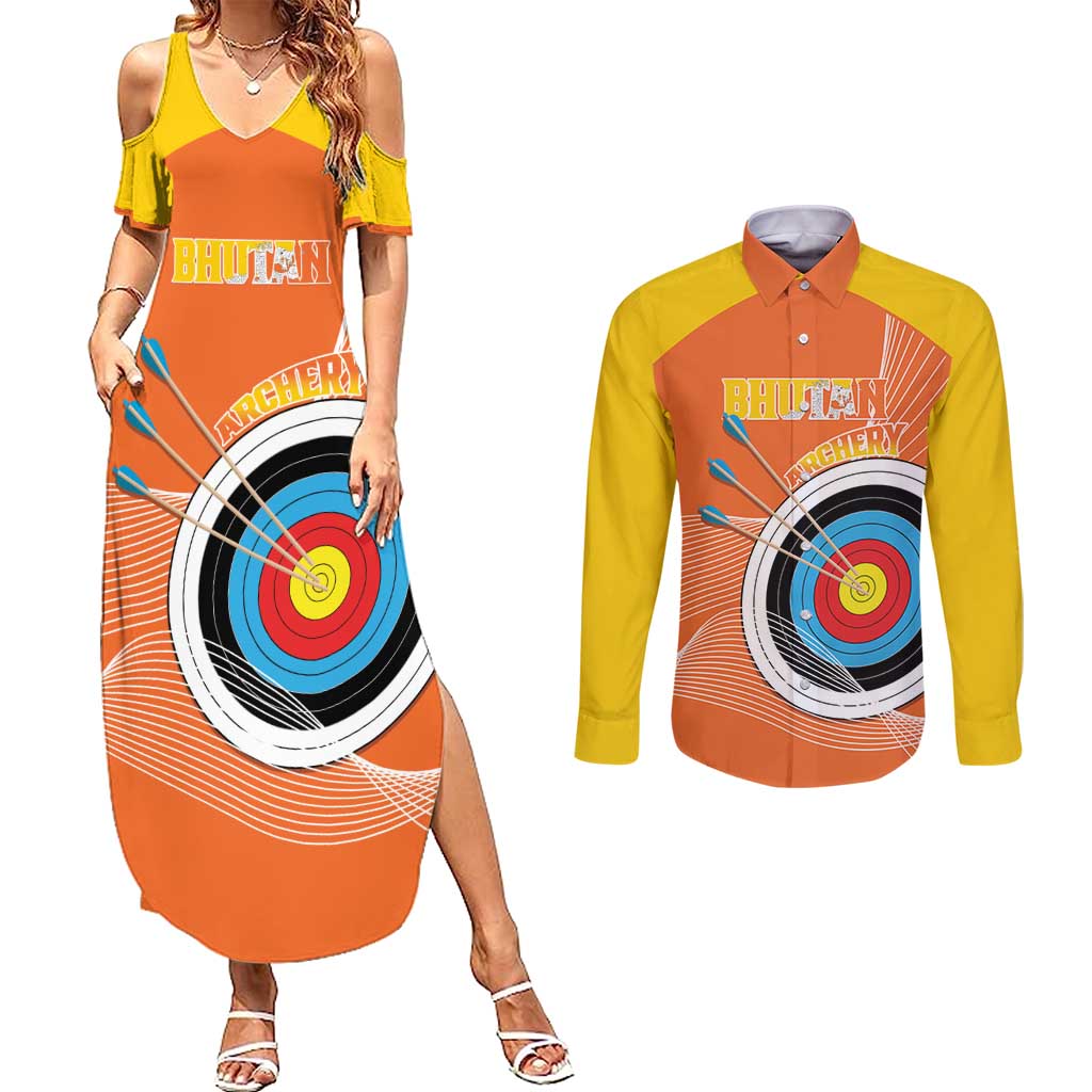 Personalised Bhutan Archery Couples Matching Summer Maxi Dress and Long Sleeve Button Shirt Board Style Flag Color - Wonder Print Shop