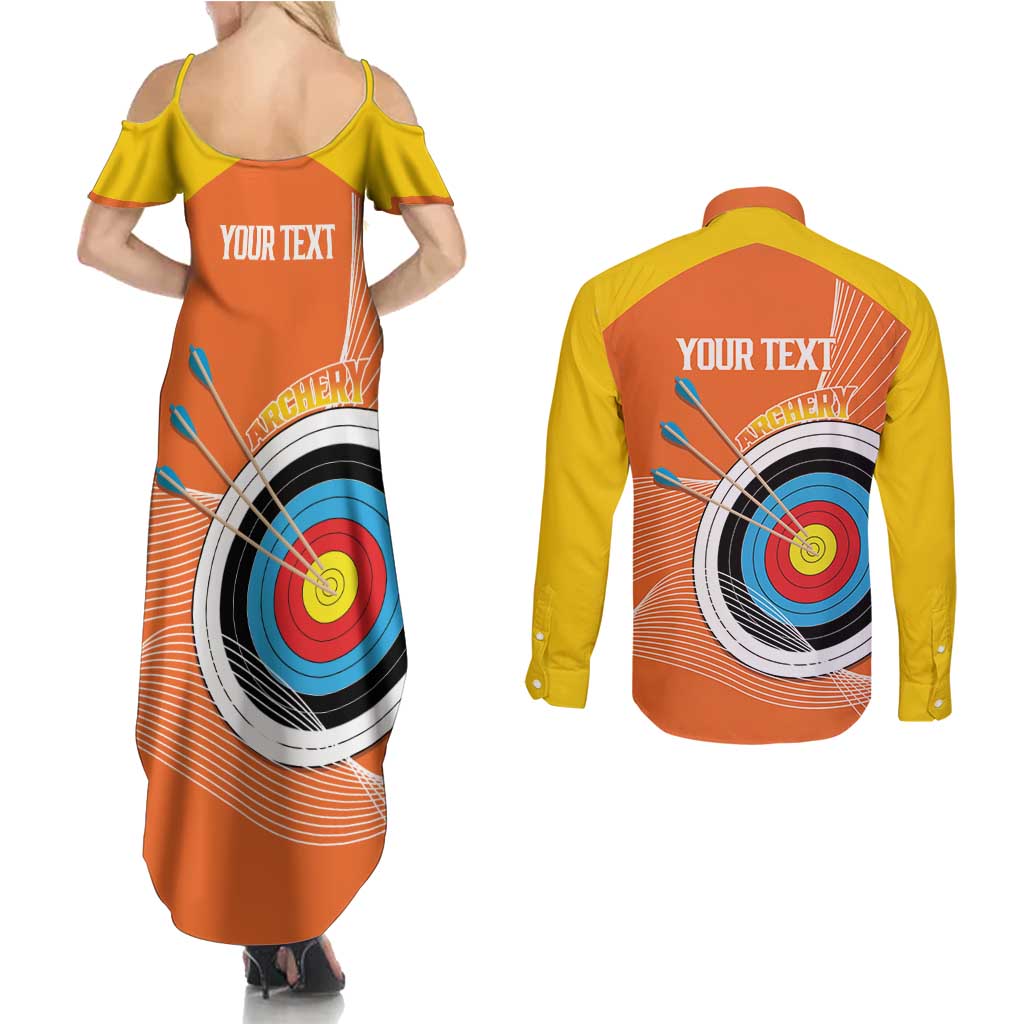 Personalised Bhutan Archery Couples Matching Summer Maxi Dress and Long Sleeve Button Shirt Board Style Flag Color - Wonder Print Shop
