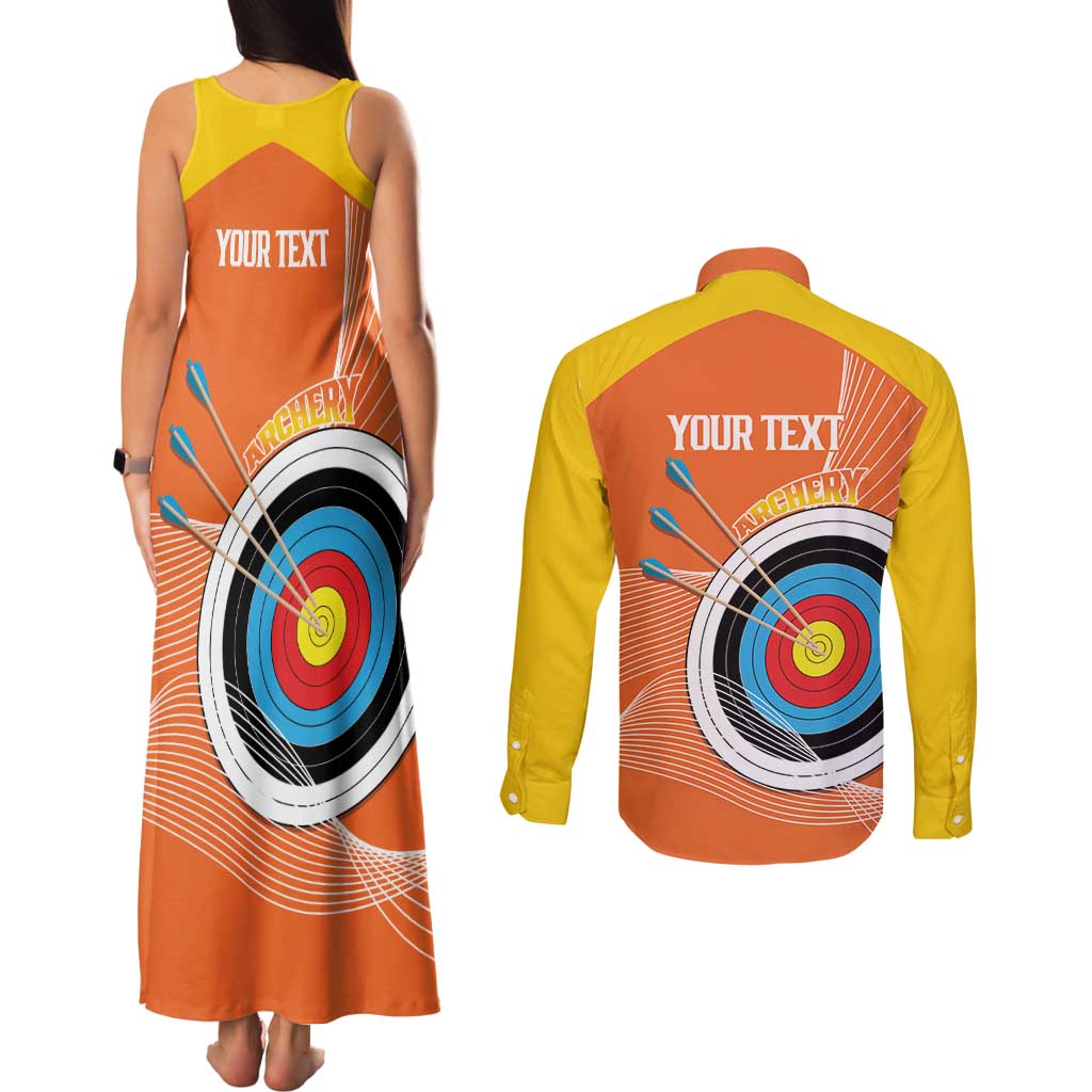 Personalised Bhutan Archery Couples Matching Tank Maxi Dress and Long Sleeve Button Shirt Board Style Flag Color - Wonder Print Shop