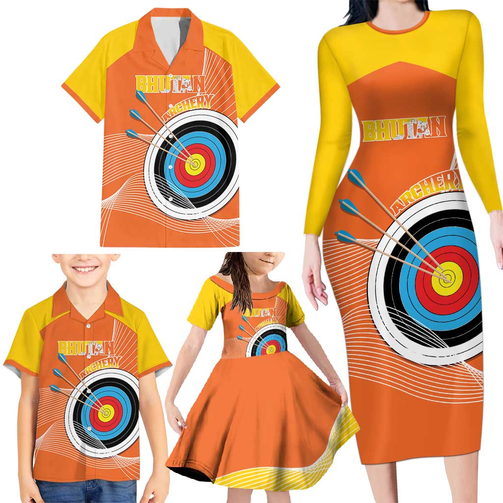 Personalised Bhutan Archery Family Matching Long Sleeve Bodycon Dress and Hawaiian Shirt Board Style Flag Color - Wonder Print Shop