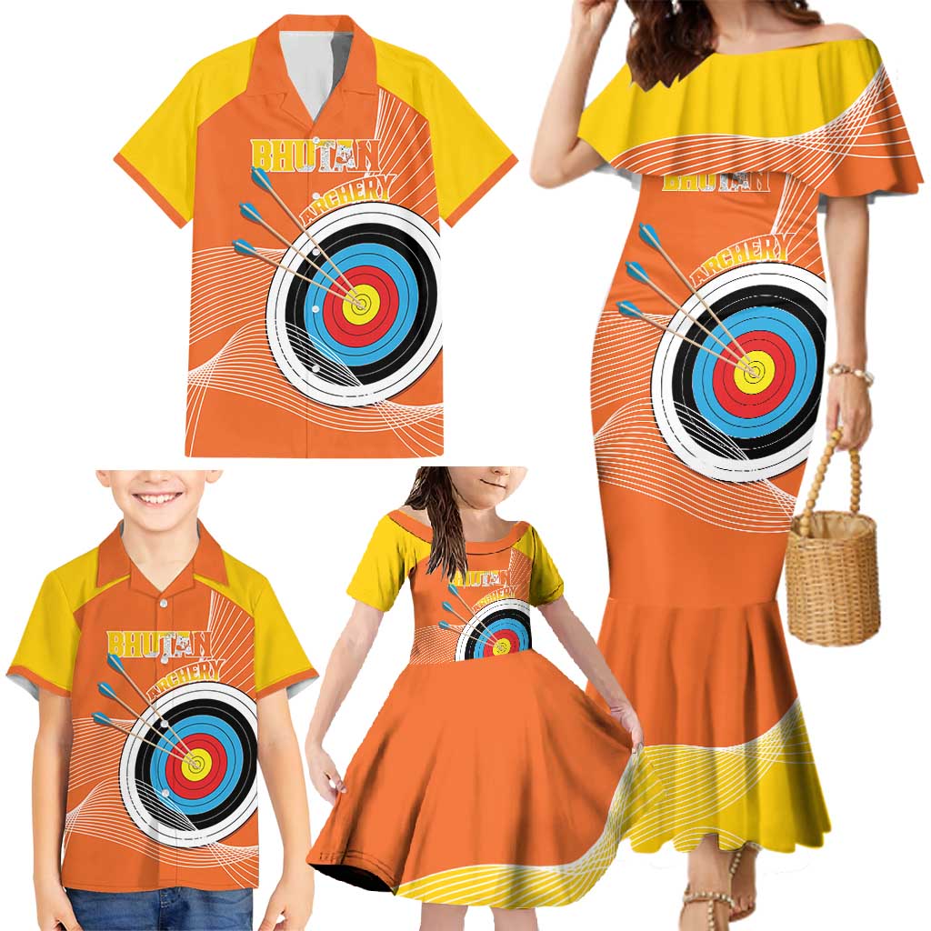 Personalised Bhutan Archery Family Matching Mermaid Dress and Hawaiian Shirt Board Style Flag Color - Wonder Print Shop