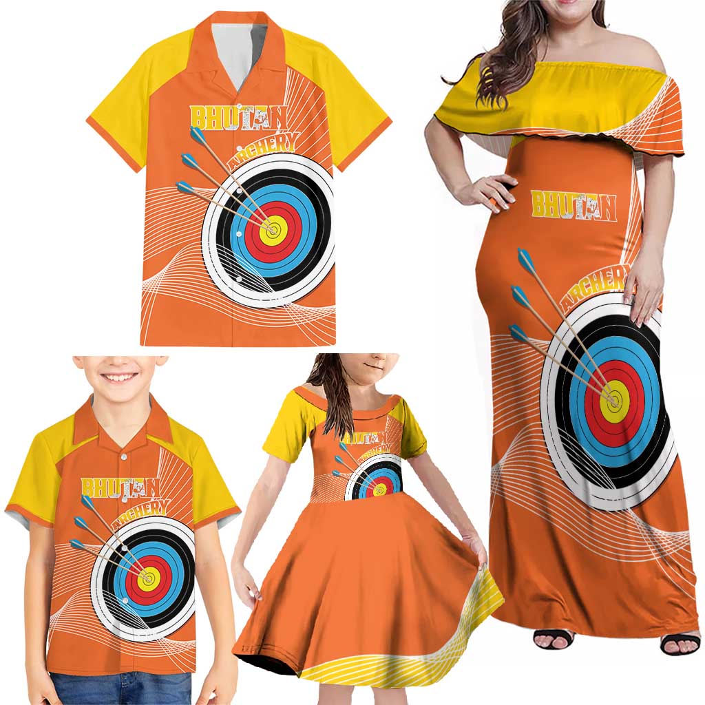 Personalised Bhutan Archery Family Matching Off Shoulder Maxi Dress and Hawaiian Shirt Board Style Flag Color - Wonder Print Shop