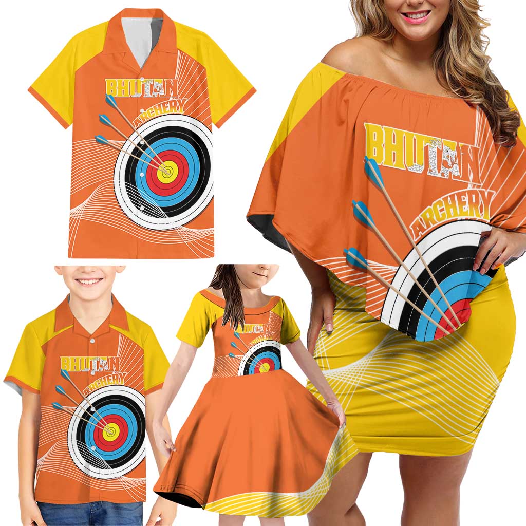 Personalised Bhutan Archery Family Matching Off Shoulder Short Dress and Hawaiian Shirt Board Style Flag Color - Wonder Print Shop