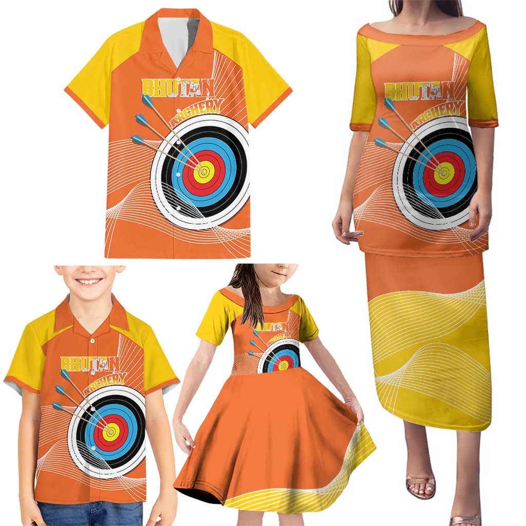 Personalised Bhutan Archery Family Matching Puletasi and Hawaiian Shirt Board Style Flag Color - Wonder Print Shop